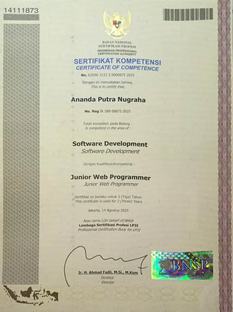BNSP Junior Web Programmer Certificate